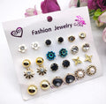 Artificial Stone Ear Studs Gold Black Green 10 Pair