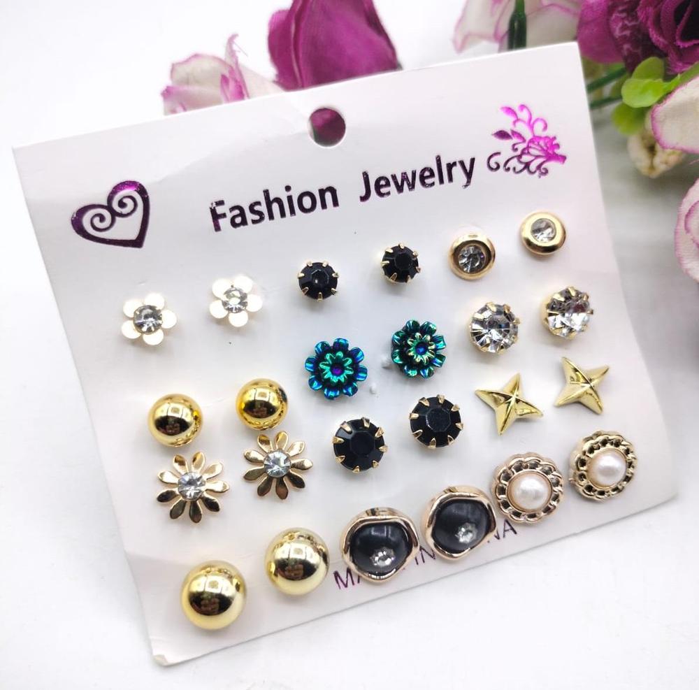 Artificial Stone Ear Studs Gold Black Green 10 Pair