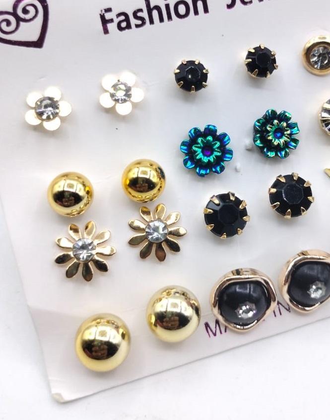 Artificial Stone Ear Studs Gold Black Green 10 Pair