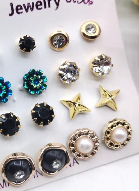 Artificial Stone Ear Studs Gold Black Green 10 Pair