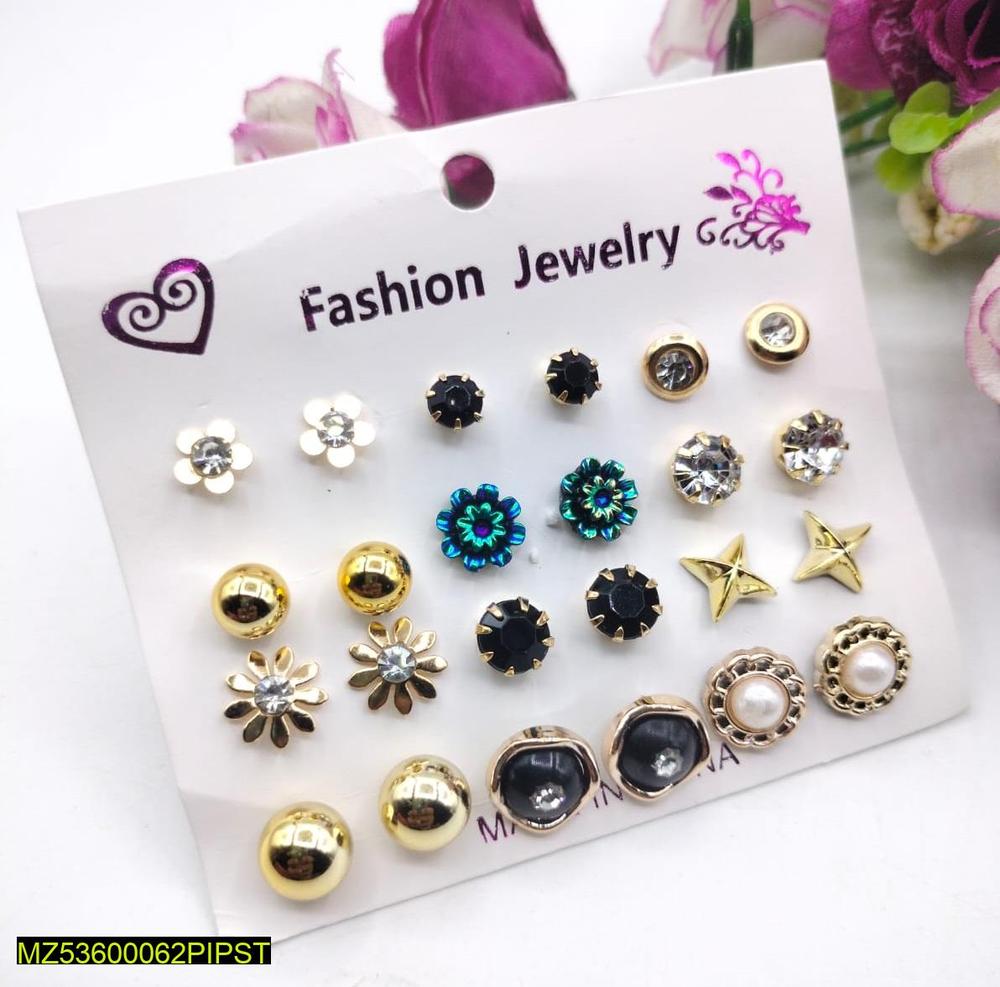 Artificial Stone Ear Studs Gold Black Green 10 Pair