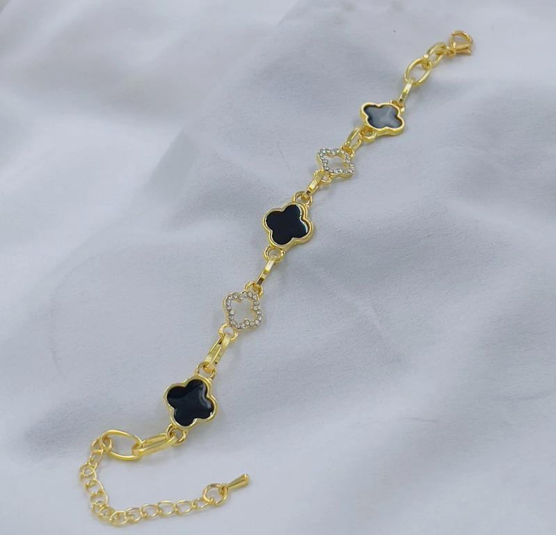 Gold Plated Clover Bracelet Black Crystal for Women