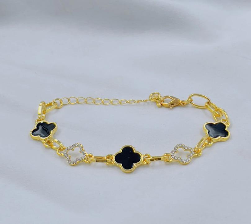 Gold Plated Clover Bracelet Black Crystal for Women