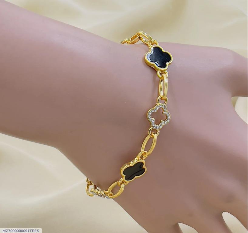 Gold Plated Clover Bracelet Black Crystal for Women